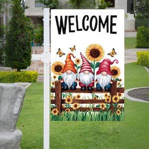 Welcome Gnomes Garden Flag PNG, Garden Flag Sublimation Design, Digital Download 12&quot;x18&quot;, Printable Yard Banner, Spring Yard Decoration