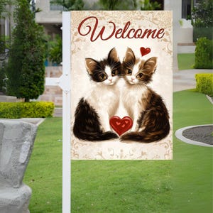 Welcome Garden Flag Digital Download - Adorable Cats with Heart Design | DIY Printable Yard Decor | Pet Lovers&#39; Outdoor Decoration (12&quot;x18&quot;)
