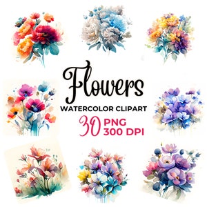 Watercolor Flower Clipart Set: 30 Floral PNG Illustrations (Digital Download