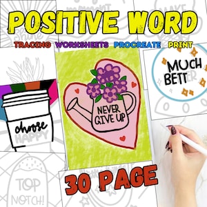 30 positive Wörter, Handlettering, Handlettering Übungsblätter, Lettering Workbook, Malbuch, Malseite, für Männer und Frauen