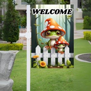 Frog and Mushroom Garden Flag PNG: Spring Welcome Banner (Digital Download)