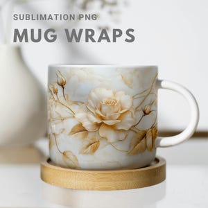 Elegant Gold Floral Mug Wrap Design, Tea Mug Wrap | Printable Mug Wrap for Sublimation | Vintage Golden Rose Pattern for Personalized Mugs