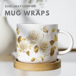 Elegant Gold Floral Mug Wrap Design, Tea Mug Wrap | Printable Mug Wrap for Sublimation | Vintage Golden Rose Pattern for Personalized Mugs