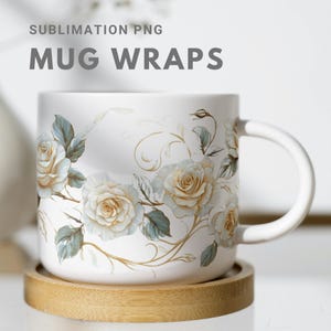 Elegant Gold Floral Mug Wrap Design, Tea Mug Wrap | Printable Mug Wrap for Sublimation | Vintage Golden Rose Pattern for Personalized Mugs