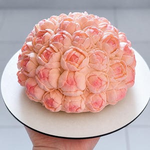 Könnte beinhalten: Ein kuppelförmiger Kuchen, der mit zahlreichen aufgespritzten Buttercremerosen in sanften Pfirsich-, Korallen- und Hellrosatönen bedeckt ist. Das blumig verzierte Dessert steht auf einer runden, weißen Tortenplatte.
