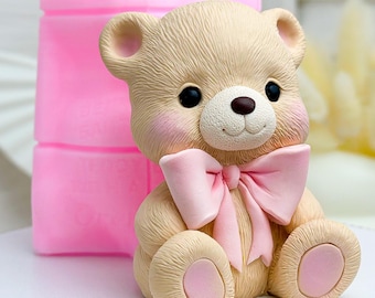3D Teddy Bear Silicone Mold, Cute Bear with Bow for Fondant Mold, Baby Birthday Cake Topper Mold, Chocolate Animal Mold, Candy Silicone Mold