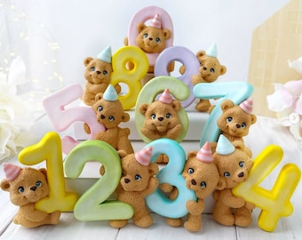 Molde de números de oso, Juego de moldes de silicona con números de oso, Crea tu propia vela de cumpleaños, Molde de cumpleaños para niños, Molde artesanal de oso y números