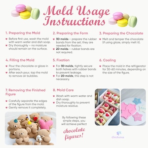 May include: Instructions for using molds to create chocolate figures. The guide includes steps for preparing the mold, filling, cooling, and removing the figures. The image also shows examples of finished chocolate figures, including teddy bears and macarons.