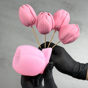 Pu&ograve; includere: Cinque dolcetti rosa a forma di tulipano su bastoncini di legno, tenuti sopra uno stampo rosa. I dolcetti hanno una finitura liscia e lucida. Lo sfondo &egrave; grigio chiaro. I dolcetti sono tenuti da una persona con guanti neri.