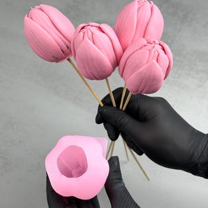 Pu&ograve; includere: Fiori di tulipano rosa su spiedini di legno, tenuti da mani guantate, accanto a uno stampo rosa a forma di fiore. I tulipani hanno una consistenza liscia e sono di una tonalit&agrave; rosa vibrante. Lo stampo &egrave; anch'esso rosa e ha la forma di un fiore.