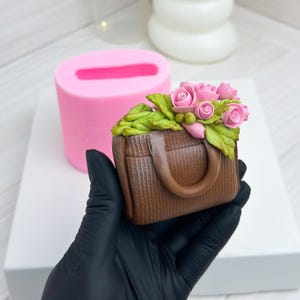 3D silicone mold handbag with roses, Flower bag mold, Resin mold for soap making, Women handbag mold for crafts, Birthday cake topper mold