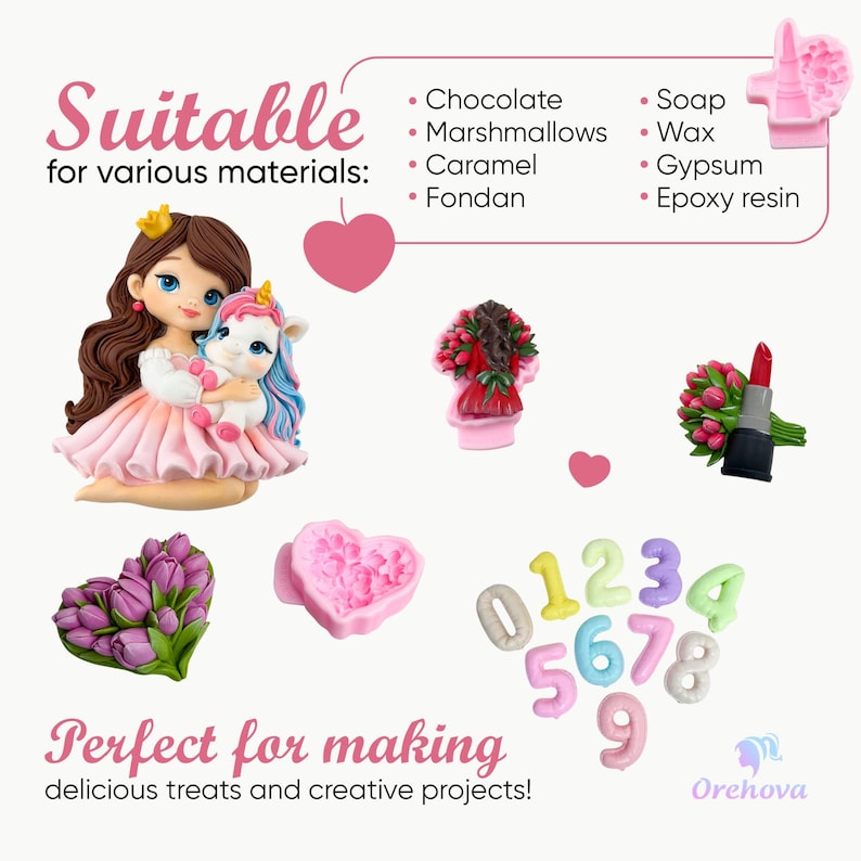 May include: An assortment of colorful silicone molds for crafting. The image includes a princess with a unicorn, a heart, flowers, numbers, and lipstick. Text reads "Suitable for various materials" and "Perfect for making delicious treats and creative projects!"