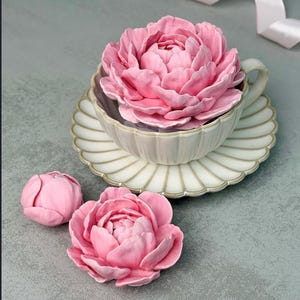 Peut inclure: Une tasse à thé et sa soucoupe couleur crème avec un design à bord festonné, contenant une grande fleur de pivoine rose détaillée. Deux petits boutons de pivoine rose supplémentaires sont placés devant la tasse et un ruban rose pâle est visible.