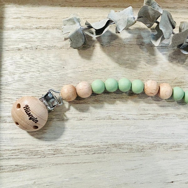 Personalisierter Schnullerclip Vorname Mädchen oder Junge-Geschenk zur Geburt-Baby-Accessoire-Schnullerclip aus Silikon aus Holz - 13 Farben