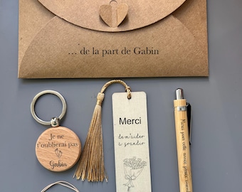End of school year nursery gift box, pen, key ring, bookmark, personalized bracelet, thank you atsem.