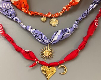 personalized bandana necklace charm of your choice - multi charm necklace - women's girl's necklace - colored fabric necklace for summer