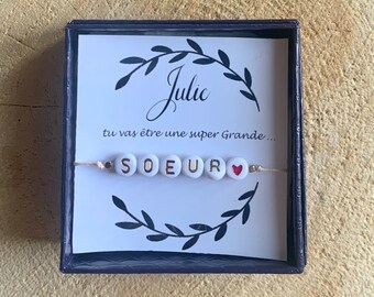 Fine wire bracelet with red heart sister cord - become a big sister - pregnancy announcement - 33 colors of wire - do you want to be my sister - personalized