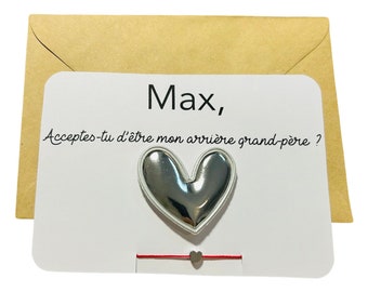 Personalized pregnancy announcement card - ask will you be my great grandfather - personalized heart brooch and heart pendant bracelet