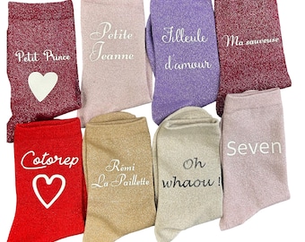 Chaussettes à paillettes personnalisées, prénom, symboles, idée cadeau, femme fille, maman,mamie, EVJF, 20 couleurs au choix , taille unique