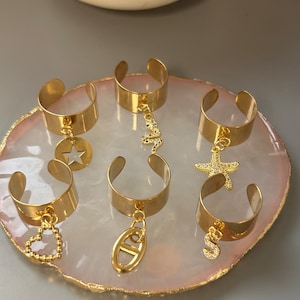 Anillo de acero inoxidable chapado en oro con dije a elegir - anillo ajustable