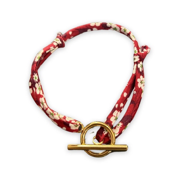 Bracelet fermoir T -à bascule-fil cordon liberty-avec fleurs-or doré-acier inoxydable-coton bio-réglable-ajustable - femme fille-Noël-rouge