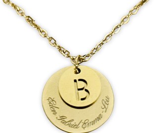 Collier chaîne fine pendentif médaille initiale-personnalisé gravure prénom lettre initiale-cadeau Noël-argent ou or-acier-cadeau maman