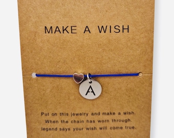Bracelet fil fin cordon breloque coeur- pendentif lettre médaillon  -initiale or ou argent-acier inoxydable-make a wish-porte bonheur