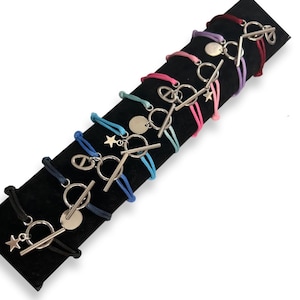 T cord clasp bracelet adjustable size silver or gold stainless steel 23 wire colors possible Round star or navy charm image 1