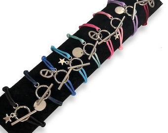 T cord clasp bracelet - adjustable size - silver or gold stainless steel - 23 wire colors possible - Round star or navy charm