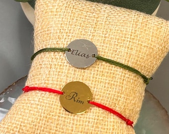Pulsera medalla personalizada para grabar - pulsera cordón - regalo nacimiento - regalo personalizado - pulsera nombre - pulsera bebé