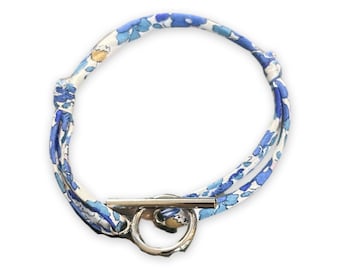 Bracelet fermoir T -à bascule-fil cordon liberty-avec fleurs-argent-acier inoxydable-coton bio-réglable-ajustable - femme fille-Noël-bleu