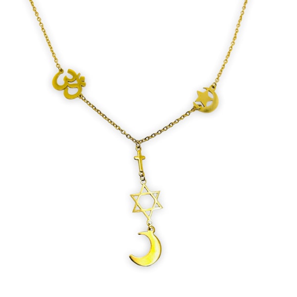 Collier chaîne fine pendentifs doré or ou argent -symbole religieux - croix étoile bouddhiste - multi religion - acier inoxydable-ajustable