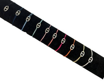 Bracelet fil cordon maille marine - taille réglable - argent - acier inoxydable - 23 couleurs de fil possible - Bebe enfant femme homme-