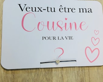 Pregnancy announcement card asks will you be my cousin-with personalized bracelet heart pendant charm color of your choice-promoted cousin