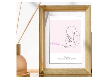 Affiche bébé personnalisé ligne-dessin fœtus -prénom date poids de naissance-fille bleu-affiche naissance personnalisé -minimaliste