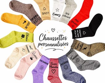Chaussettes à paillettes personnalisées, prénom, symboles, idée cadeau, femme fille, maman,mamie, EVJF, 20 couleurs au choix , taille unique