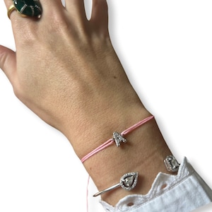 Pulsera de alambre con colgante de letra inicial con pedrería -plata 925- para mujeres y niñas -33 colores de alambre - de la A a la Z - Regalo de Navidad - Nudo cuadrado