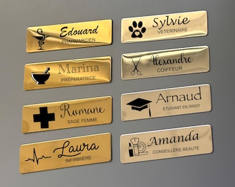 Badge personnalisé doré ou argent - avec épingle - pharmacien , sage femme, préparateur , aide soignante , sage femme - acier inoxydable