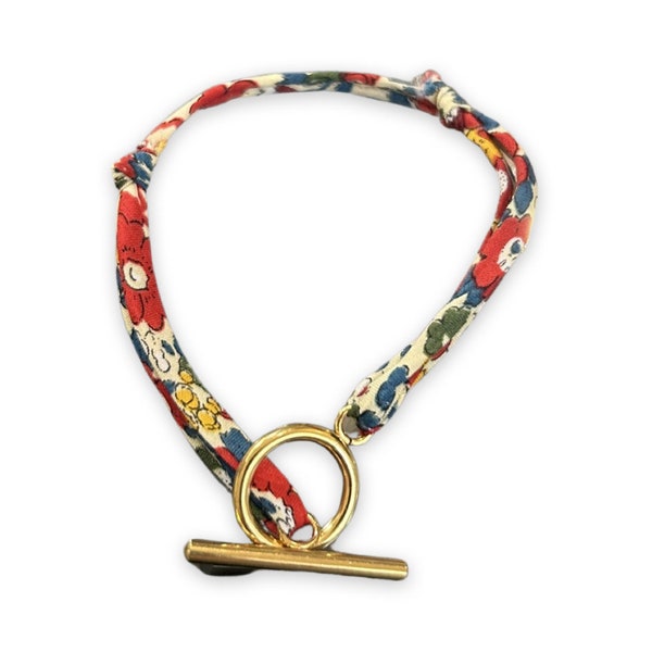Bracelet fermoir T -à bascule-fil cordon liberty-avec fleurs-or doré-acier inoxydable-coton bio-réglable-ajustable - femme fille-Noël-rouge