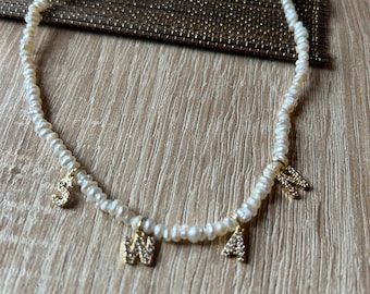Collier perles blanche prénom lettre strass zircon initiales mot au choix-doré or ou argent -collier personnalisé - cadeau anniversaire-Noël