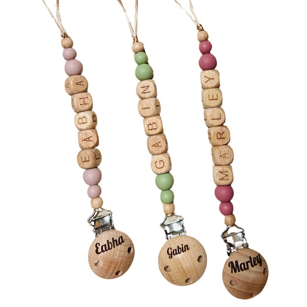 Personalisierter Schnullerclip Vorname Mädchen oder Junge-Geburtsgeschenk-Baby-Accessoire-Holz-Silikon-Schnuller- 13 Farben-mit Gravur