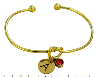 Bracelet jonc personnalisé médaille lettre initiale - jonc rigide noeud-perles de naissance-cadeau femme maman-acier inoxydable- or doré