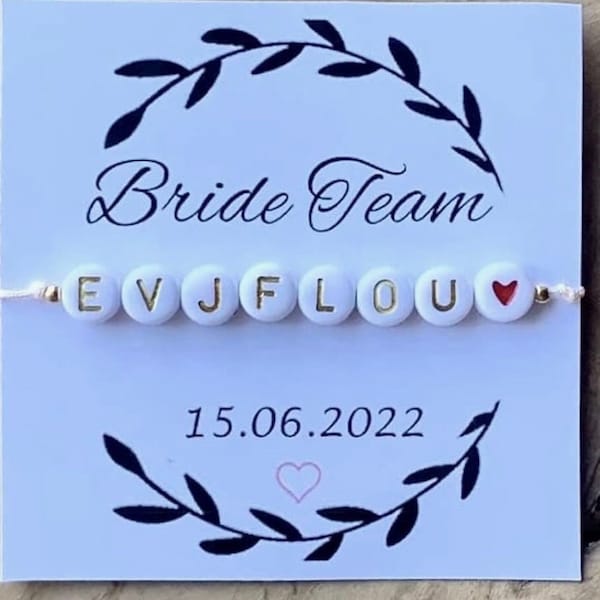 Bracelet EVJF personnalisé prénom de la mariée avec coeur rouge - bracelet fil cordon-cadeau témoin -avec carton date personnalisé
