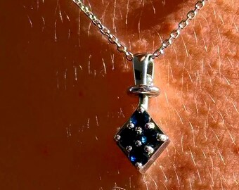 14K Gold Rhombus Pendant Necklace: Lab Diamond & Sapphire, Rotating Design