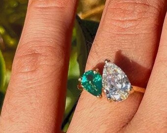 18K Yellow Gold Engagement Ring: 1.5 Carat Lab Diamond & Emerald