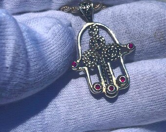 Filigree Hamsa Pendant Necklace: Ruby Gemstones, Symbol of Protection