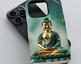 Zen Buddha Phone Case - 3D Tough Cover for iPhone 12 13/14/15/16 (Pro/Pro Max), Galaxy S24/S25, Pixel 9/8/7, Jade Accents, Golden and Green