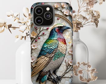 Stunning Stained Glass Crow Phone Case, 3D Tough Cover for iPhone 12 13/14/15/16 (Pro/Pro Max), Galaxy S24/S25, Pixel 9/8/7