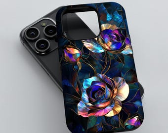 Stained Glass Roses Phone Case, 3D Tough Cover for iPhone 12 13/14/15/16 (Pro/Pro Max), Galaxy S24/S25, Pixel 9/8/7, Metallic Phone Case