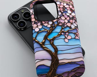 Stained Glass Tree and Flowers Phone Case, 3D Tough Cover